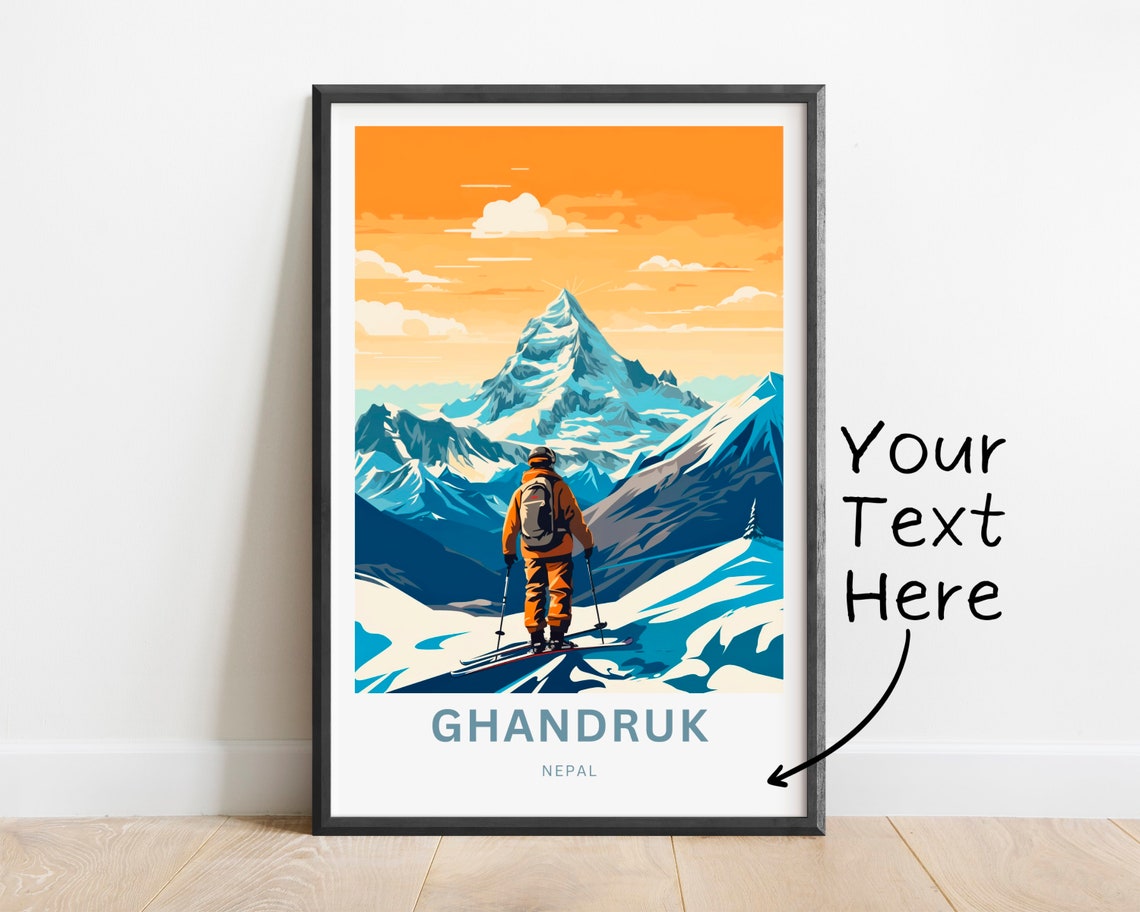 Personalized Ghandruk Nepal Skier Snow Peak Sunset Mountain Poster