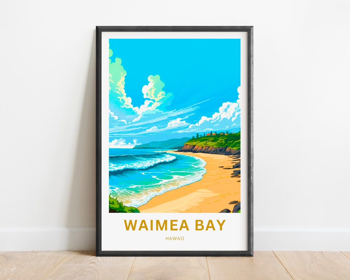 Waimea Bay Hawaii Golden Beach Waves Cliffs Scene Travel Poster
