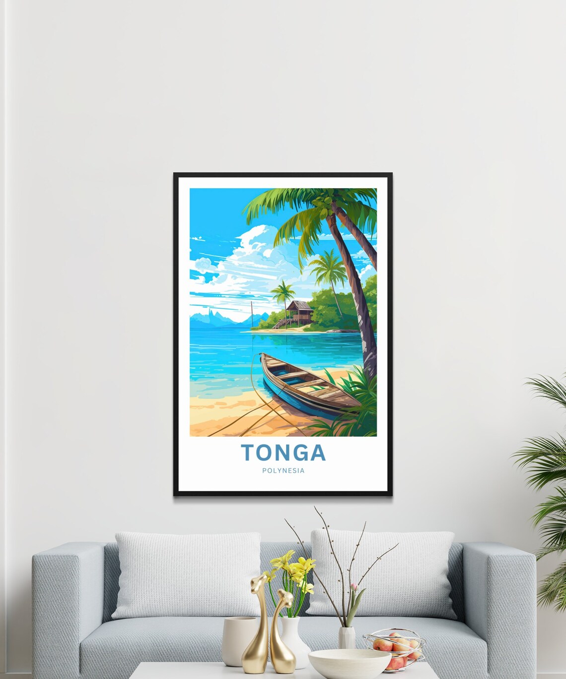 Tonga Polynesia Tropical Beach Canoe Palm Island Travel Poster - Image 4