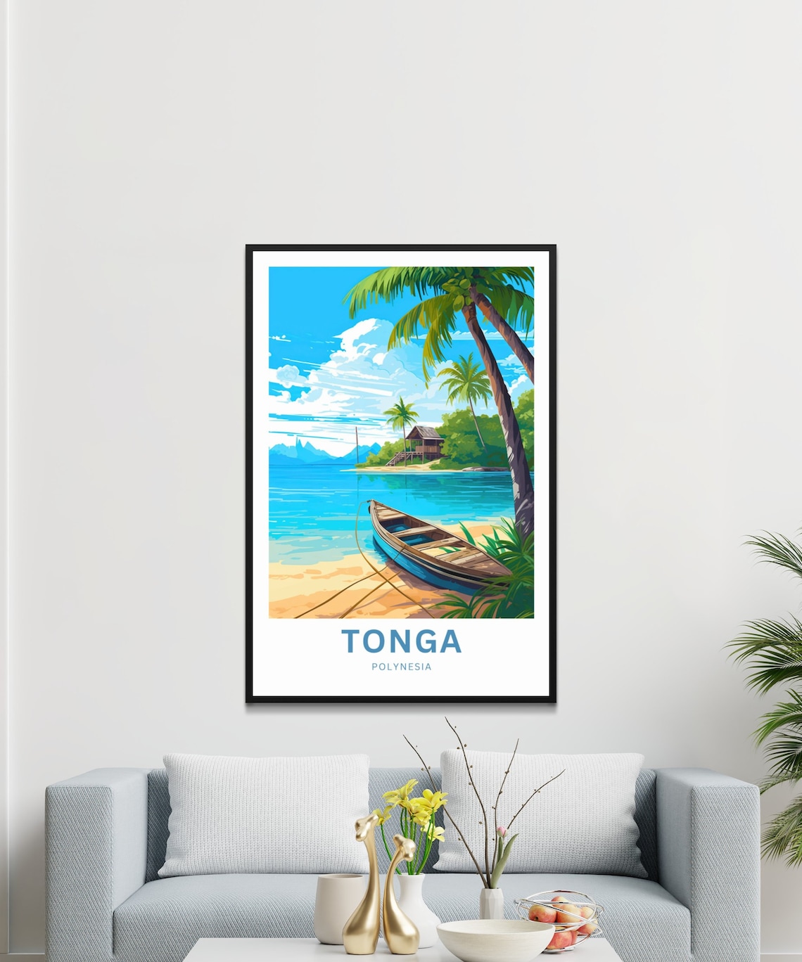 Tonga Polynesia Tropical Beach Wooden Canoe Palm Trees Travel Poster - Image 4