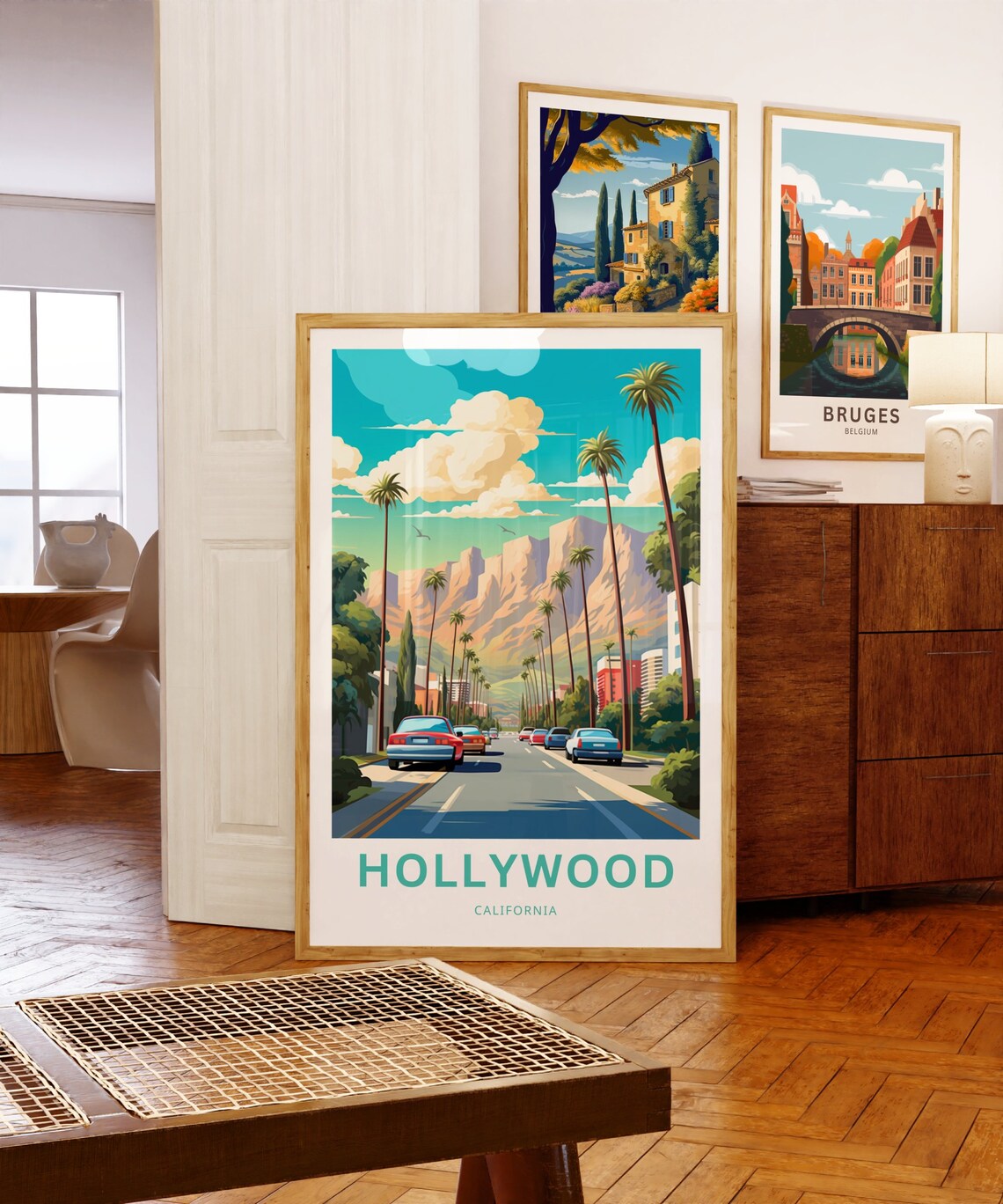 Hollywood California Palm Boulevard Classic Cars Retro Travel Poster - Image 5