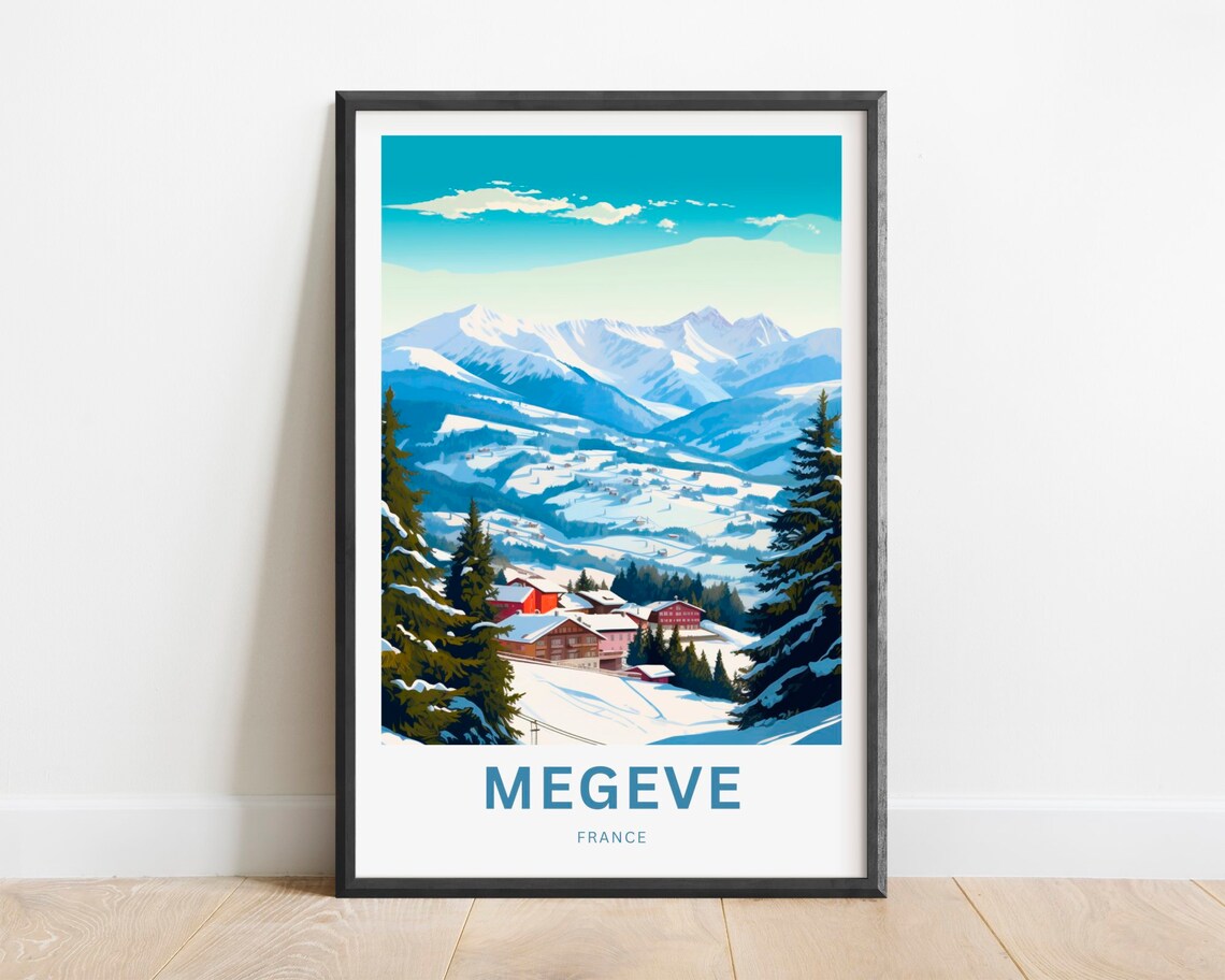 Megeve France Snowy Alpine Village Winter Ski Vintage Travel Poster