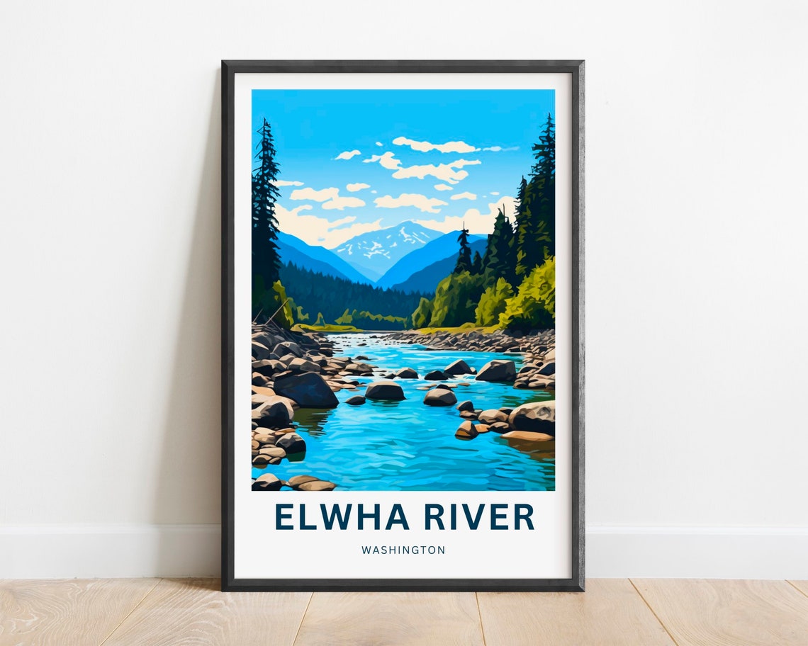 Elwha River Washington Evergreen Forest River Rapids Travel Poster