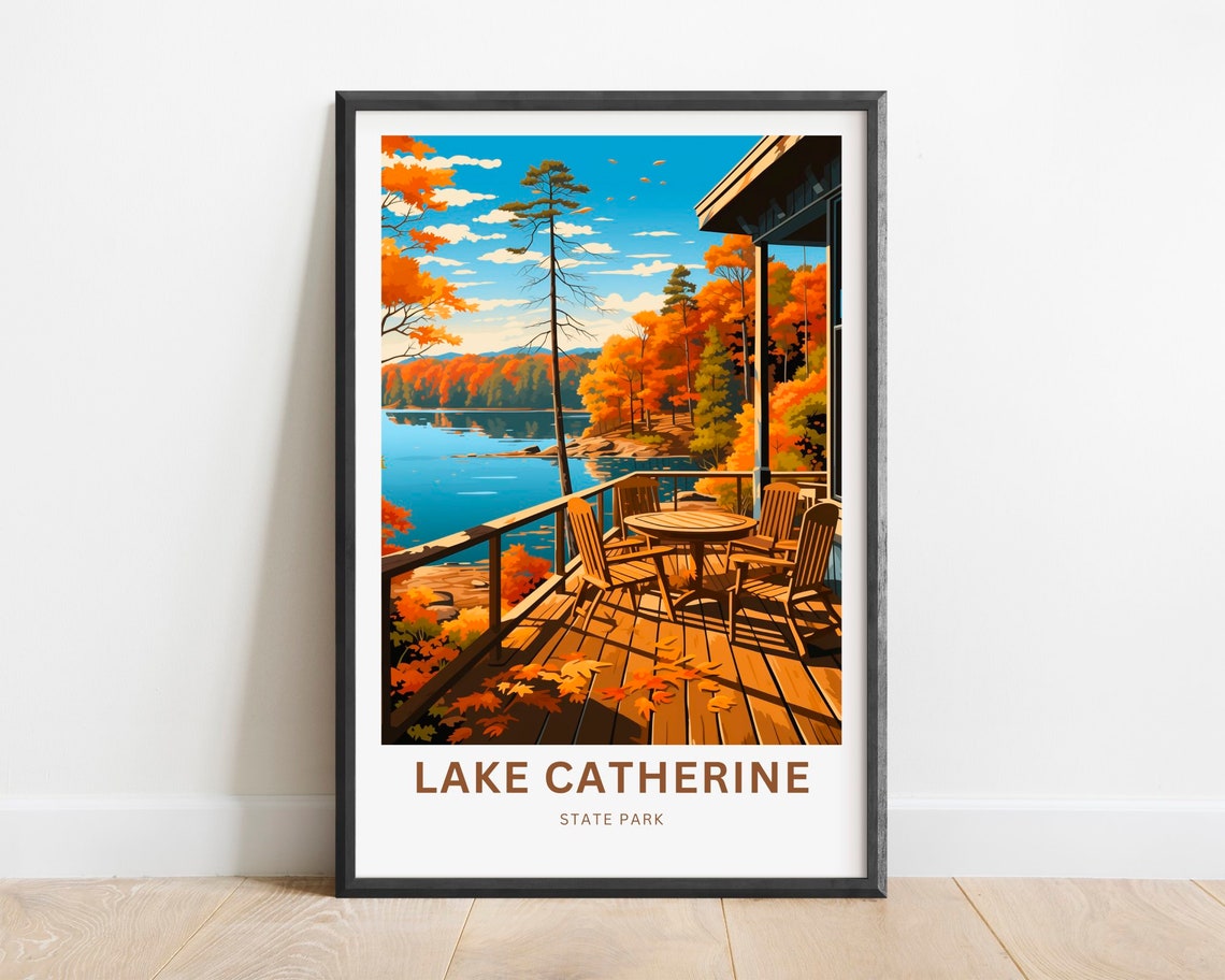 Lake Catherine State Park Autumn Cabin Deck Retro Travel Poster