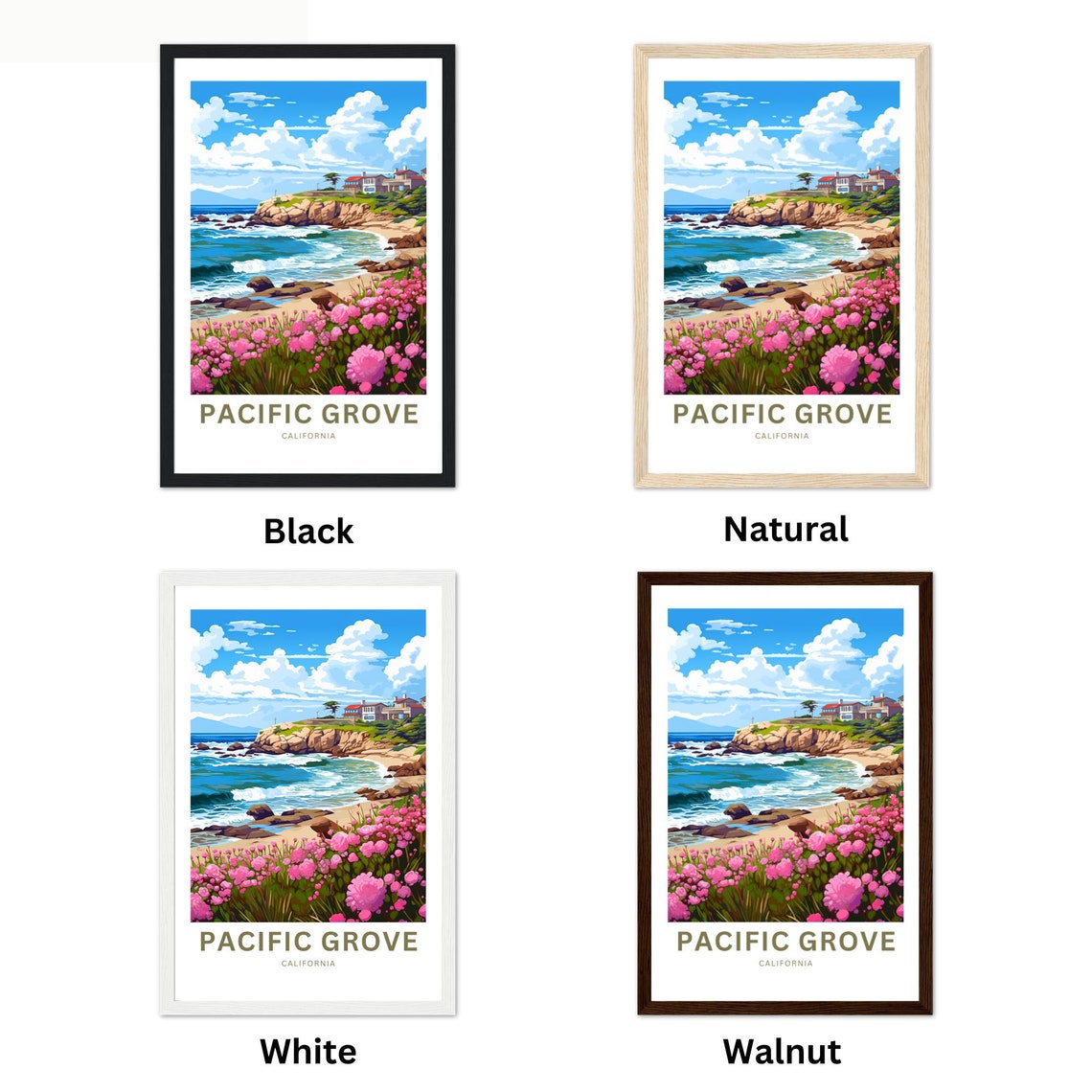 Pacific Grove California Scenic Rocky Coast Pink Wildflowers Poster - Image 2