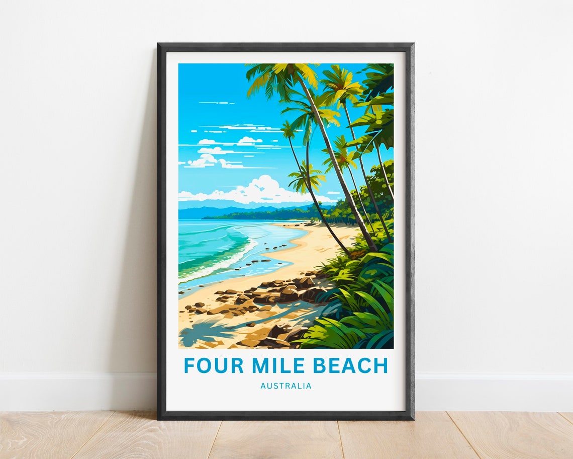 Four Mile Beach Australia Rocky Shoreline Palms Vintage Travel Poster