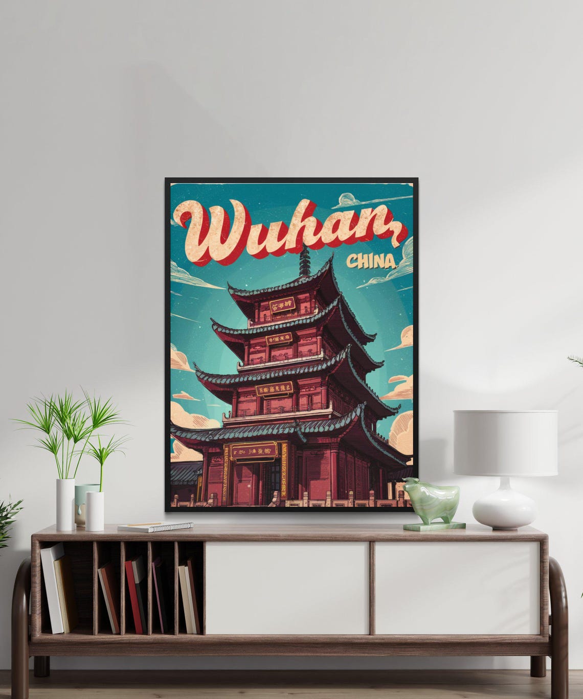 Wuhan China Retro Red Pagoda Tower Vintage Script Lettering Poster - Image 4
