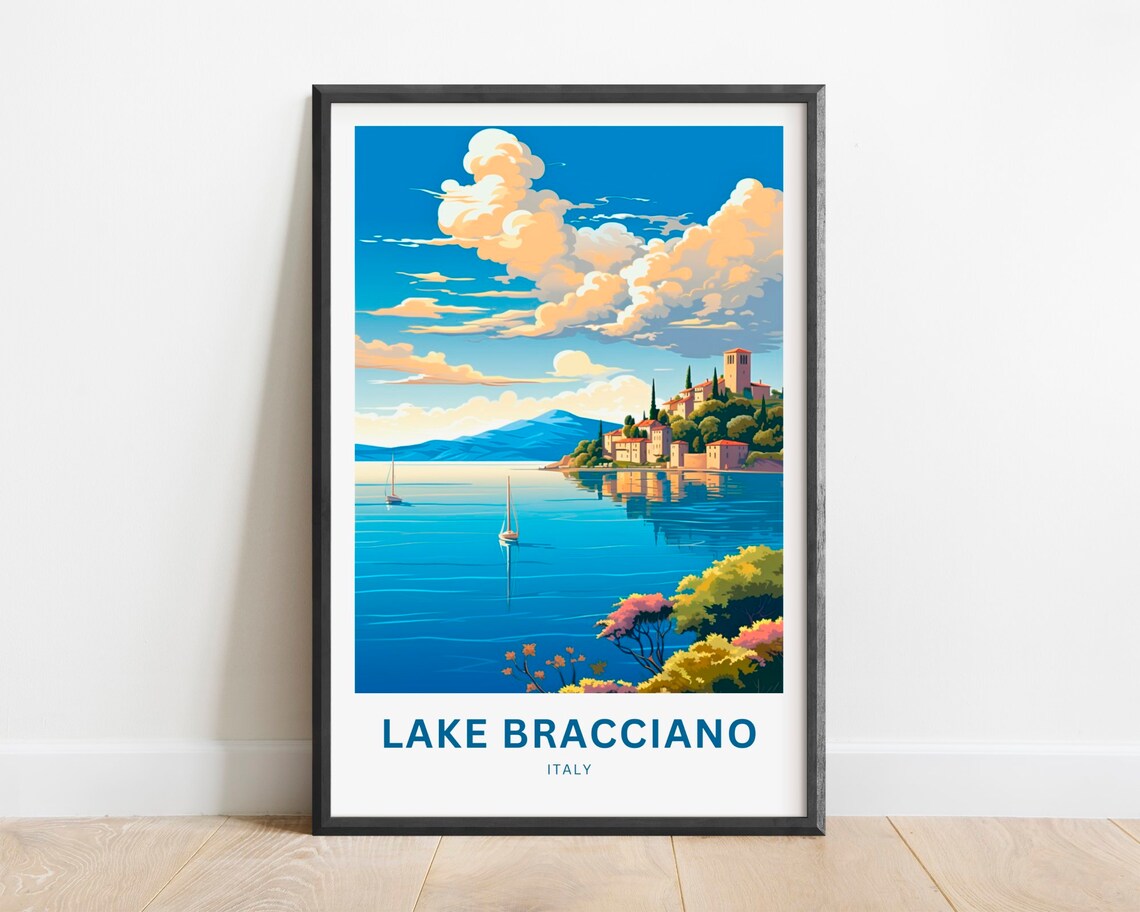 Lake Bracciano Italy Sailboat Lakeside Village Travel Poster