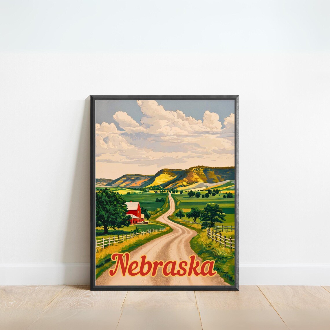 Nebraska Country Road Red Barn Rolling Hills Vintage Art Poster