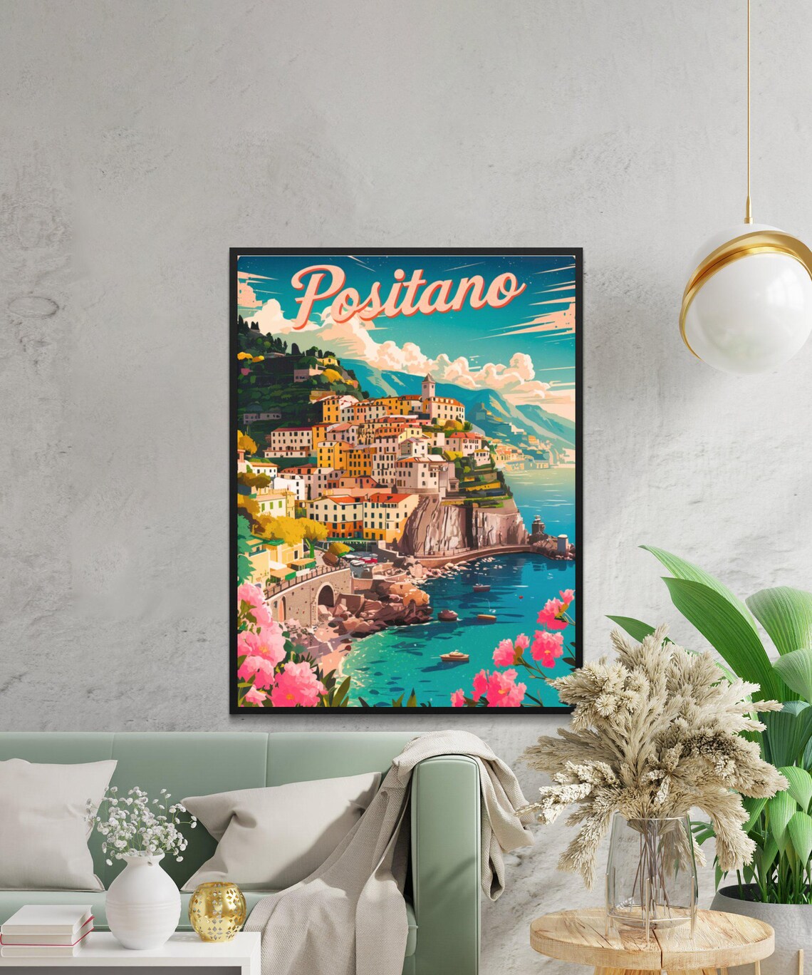 Positano Italy Amalfi Coast Harbor Town Floral Sunset Travel Poster - Image 2