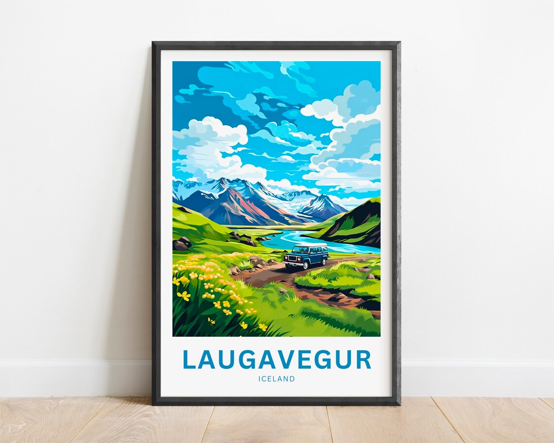 Laugavegur Iceland 4x4 Mountain Road Lake Wildflowers Travel Poster