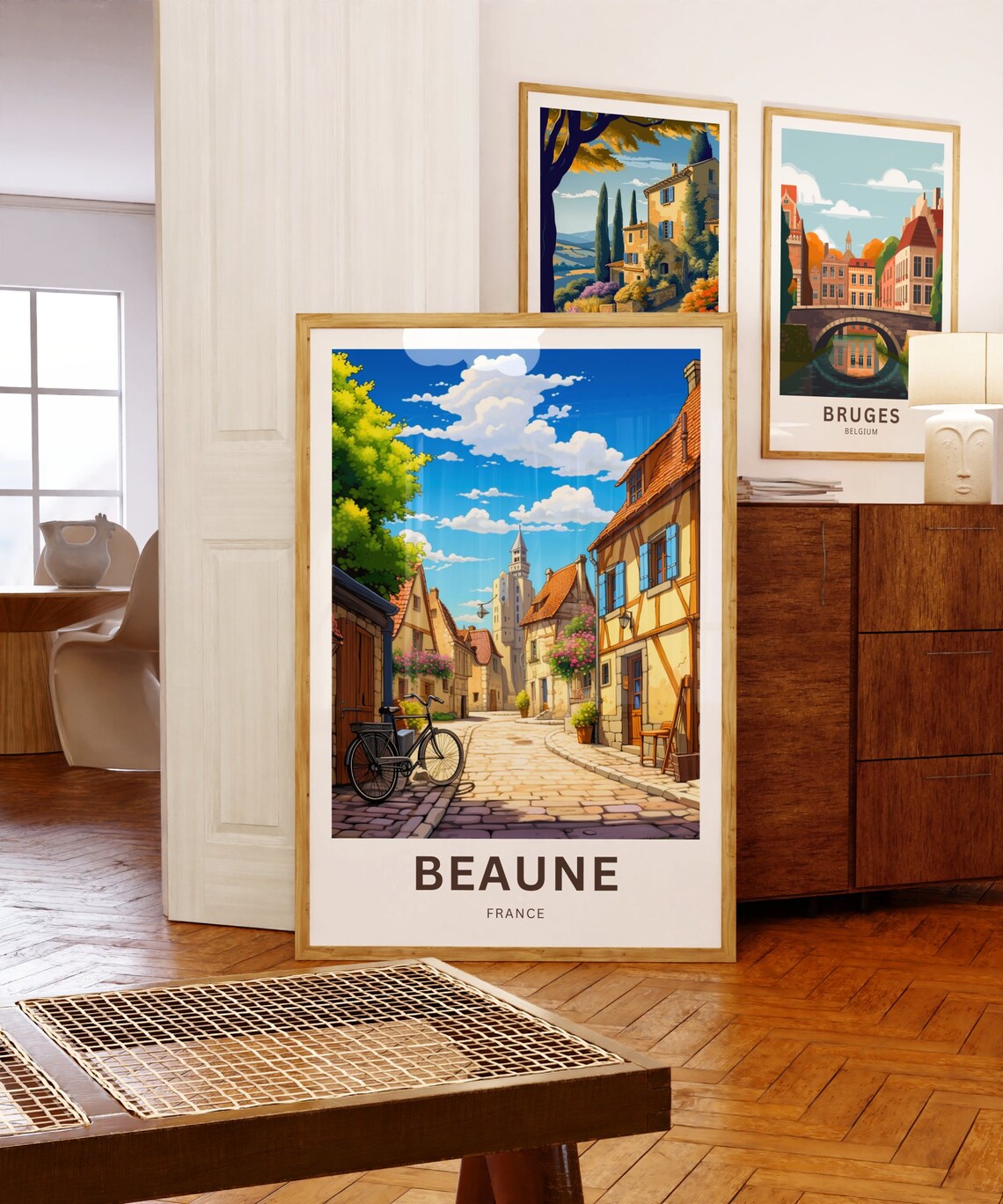Beaune France Poster with Cobblestone Village Street and Bike Art - Image 5