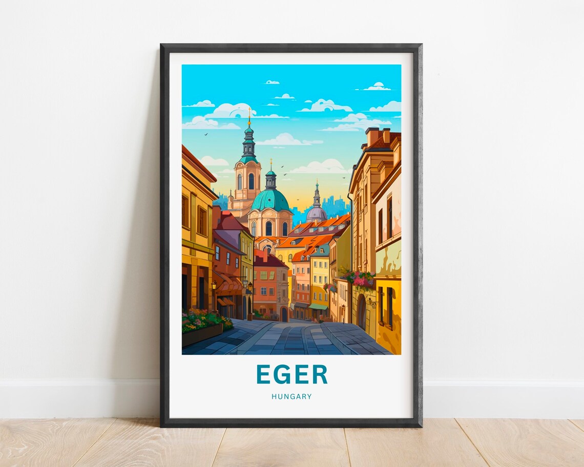 Eger Hungary Old Town Church Towers Cobblestone Street Travel Poster