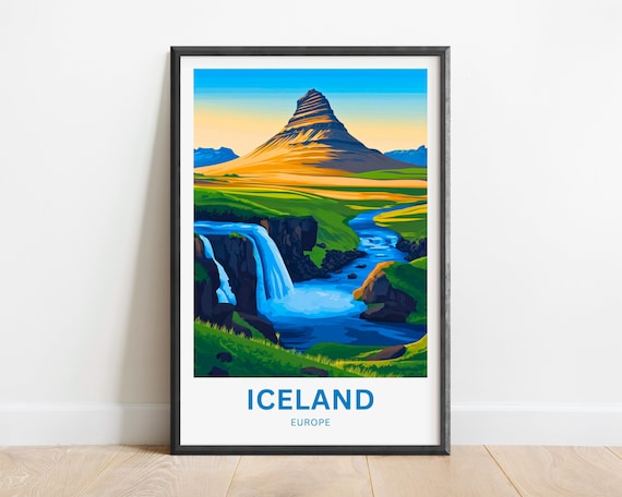 Iceland Kirkjufell Sunset Mountain Falls Golden Travel Poster