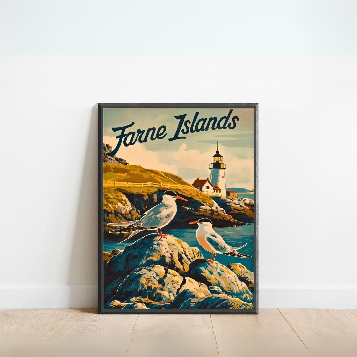 Farne Islands Vintage Arctic Terns Before Lighthouse Rocks Poster