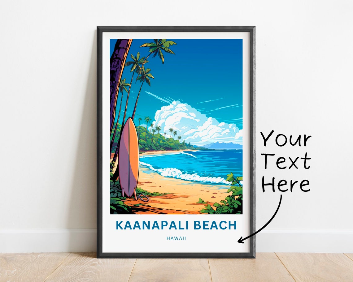 Kaanapali Beach Hawaii Surfboard Palms Custom Text Travel Poster