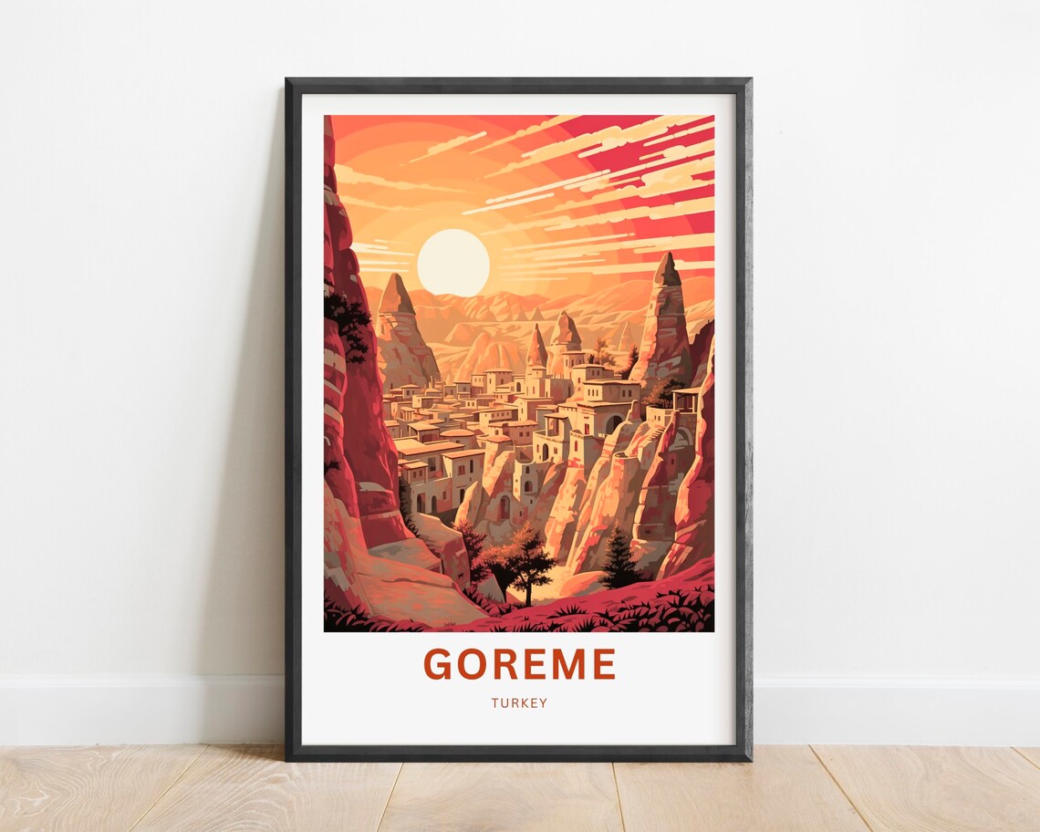 Goreme Turkey Travel Poster Cappadocia Sunset Over Rocky Canyon Town