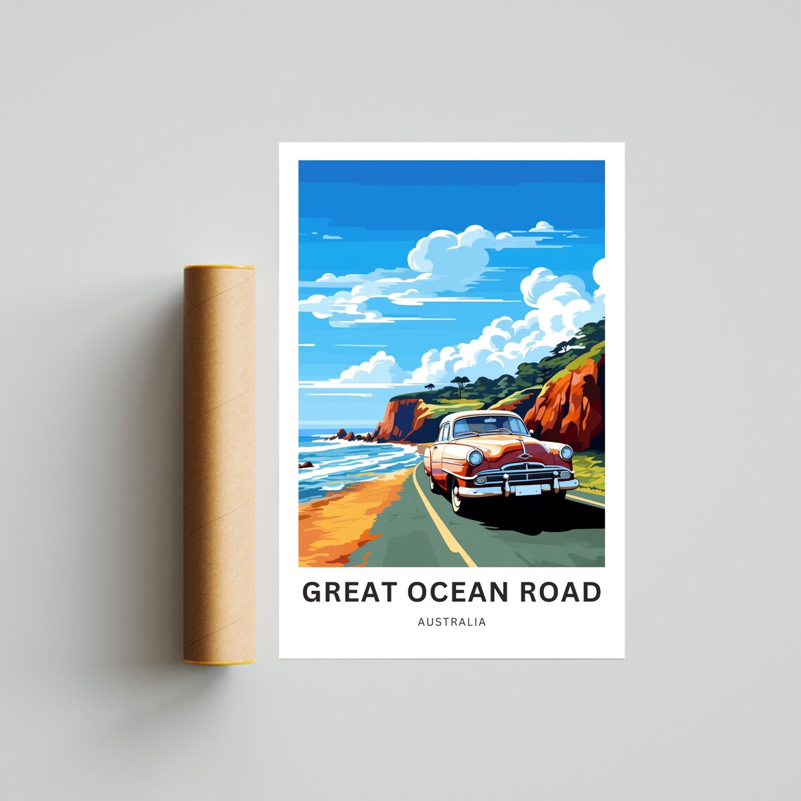 Great Ocean Road Australia Poster with Vintage Red Car Coastal Drive - Image 4