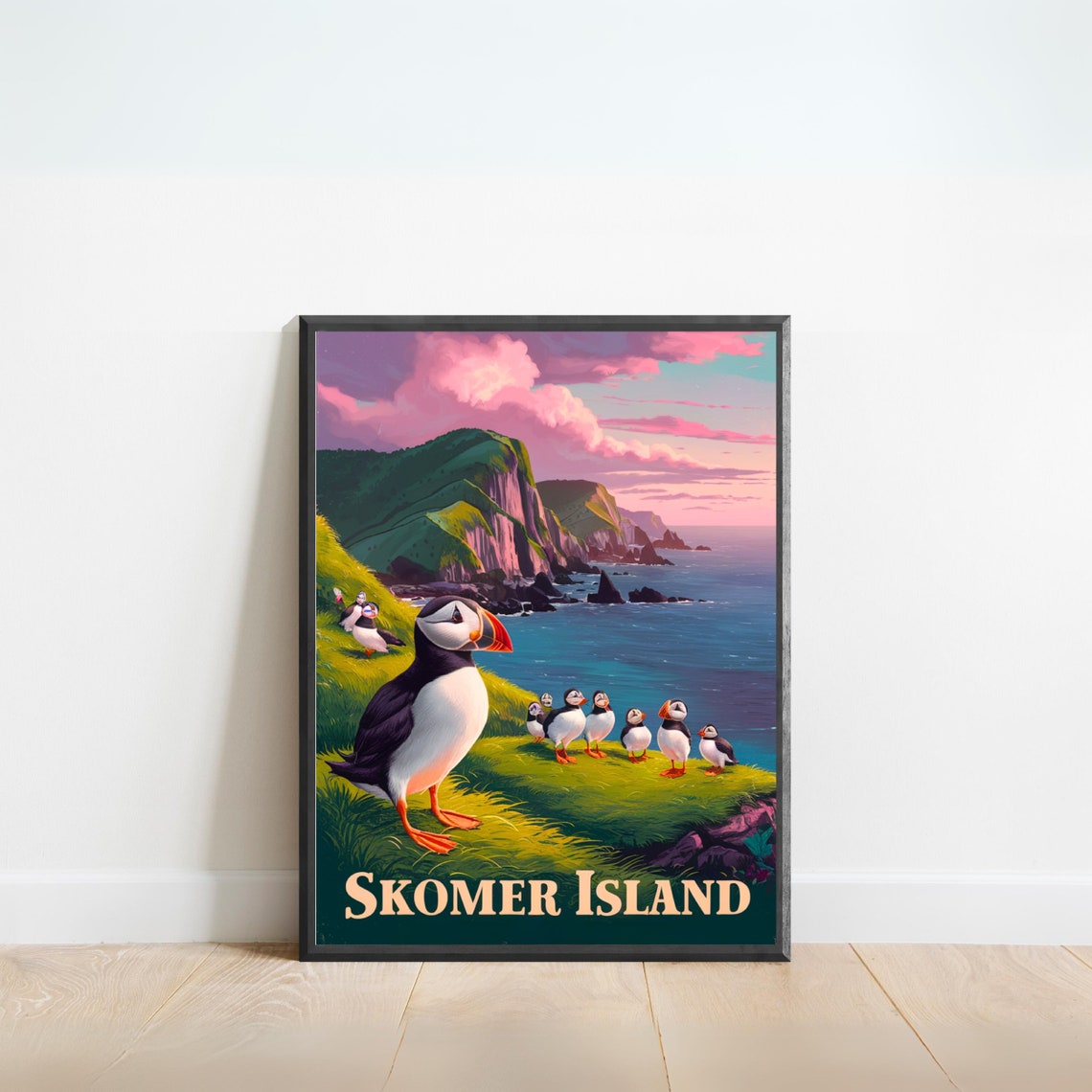 Skomer Island Wales Vintage Puffins on Cliffs at Pink Sunset Poster