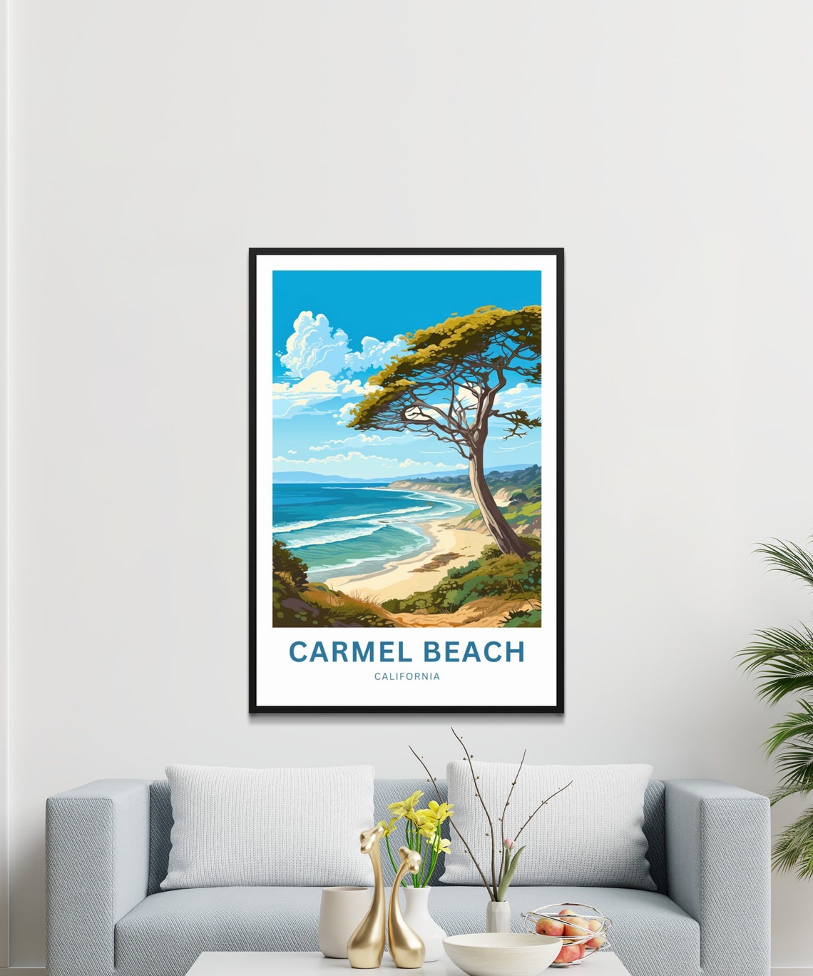 Carmel Beach California Curved Bay Shoreline Cypress Tree Poster - Image 2