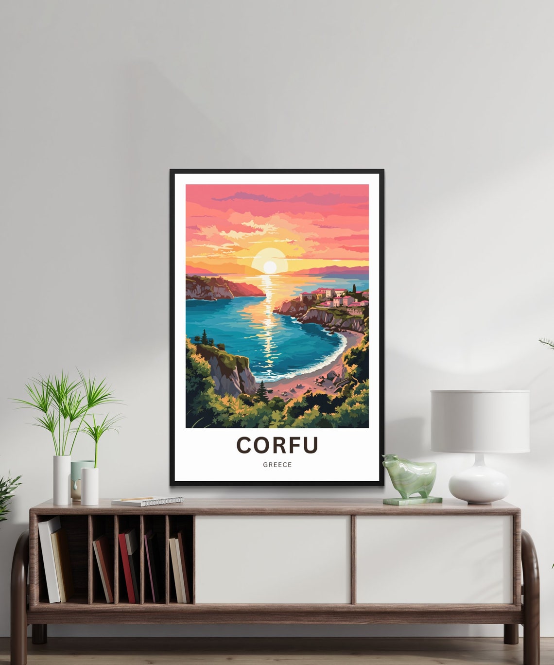 Corfu Greece Stunning Sunset Bay Beach and Cliffs Travel Poster - Image 2