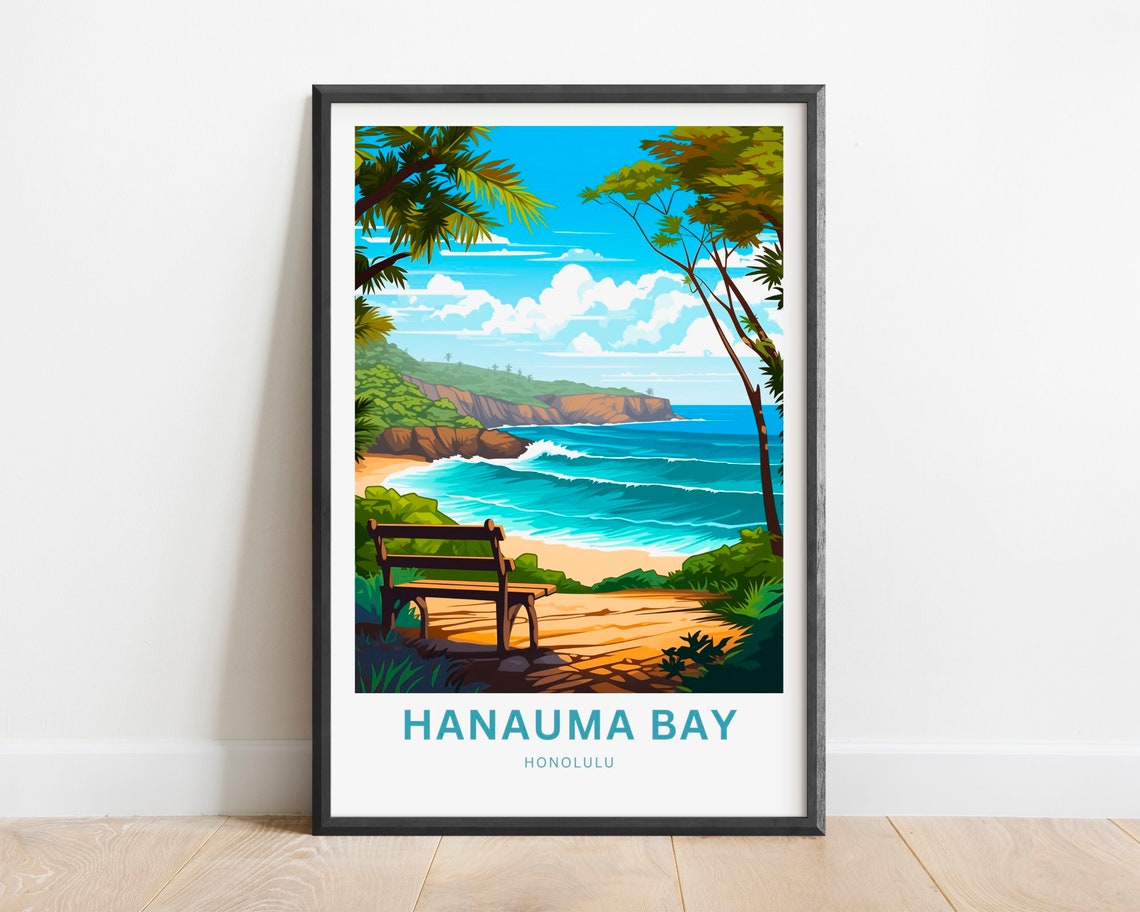 Hanauma Bay Honolulu Hawaii Beach Overlook Retro Travel Poster
