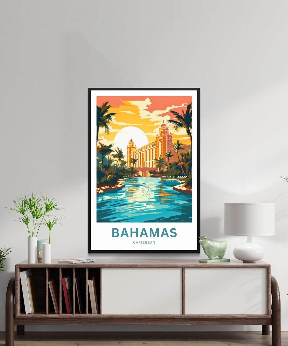 Bahamas Sunset Resort Lagoon Palm Trees Caribbean Travel Poster - Image 2