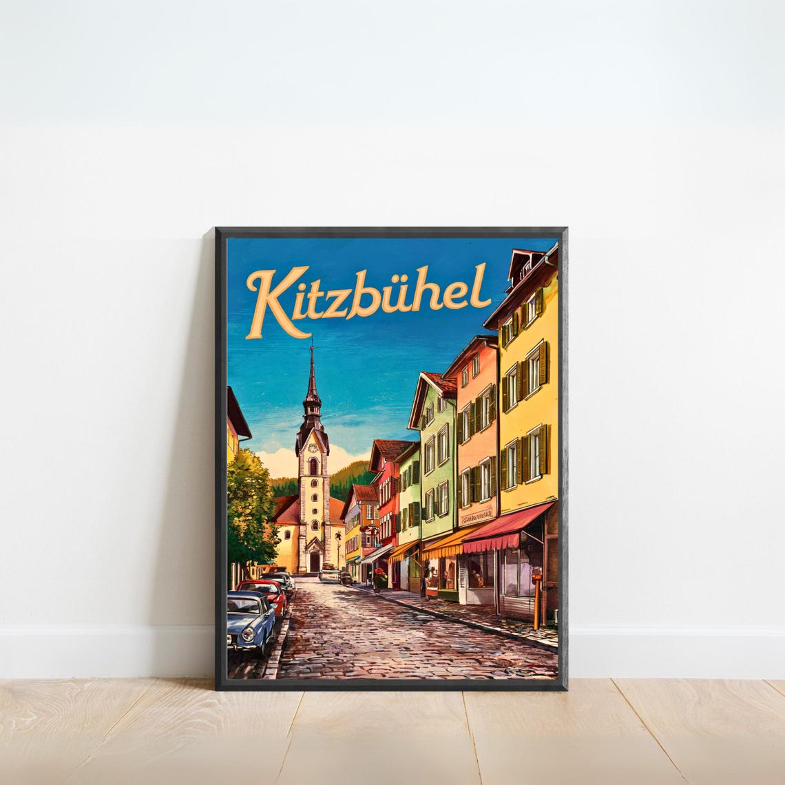 Kitzbuhel Austria Vintage Street Poster Cobblestone Town Church Spire