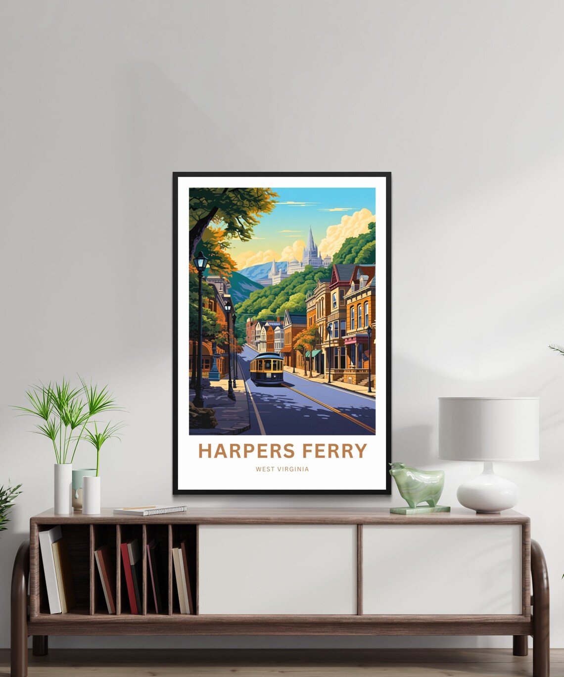 Harpers Ferry Trolley Street with Hilltop Church Scene Travel Poster - Image 2