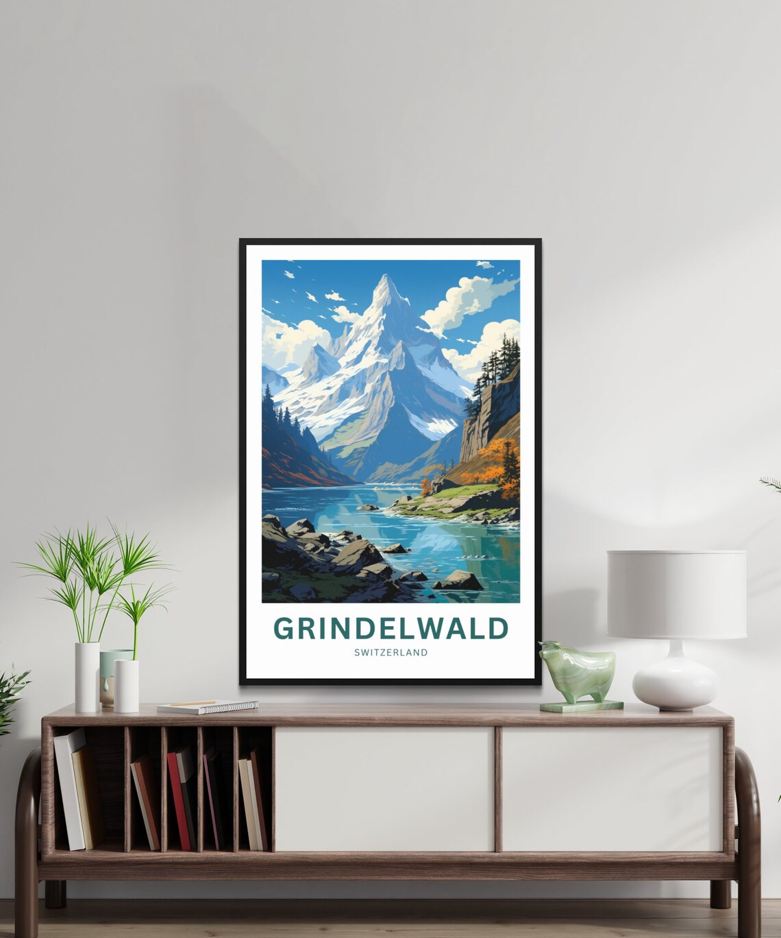 Grindelwald Switzerland Snowy Peak Above the Lake Travel Poster - Image 2