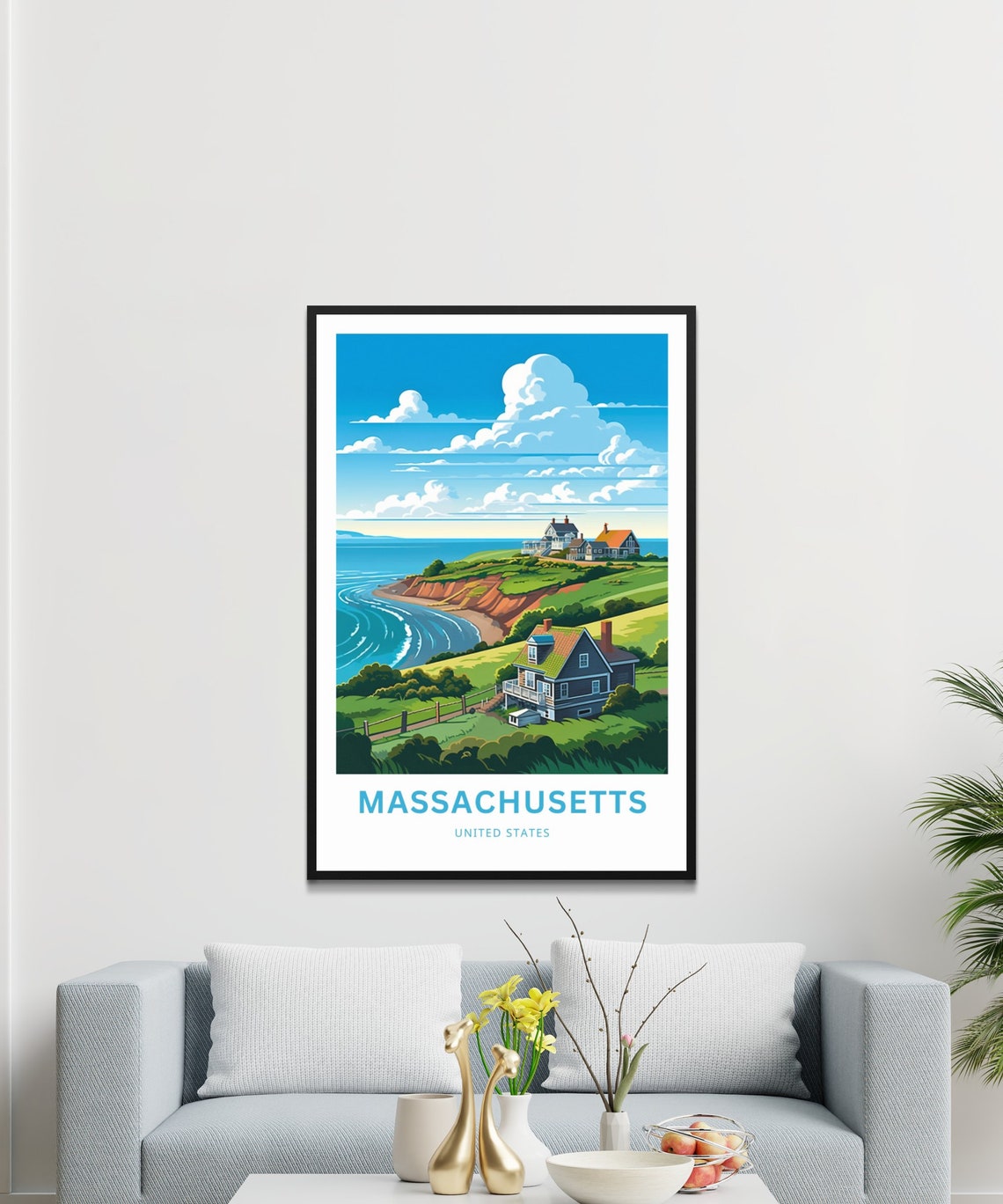 Massachusetts Coast Cliffs Cottage Personalized Travel Poster - Image 3