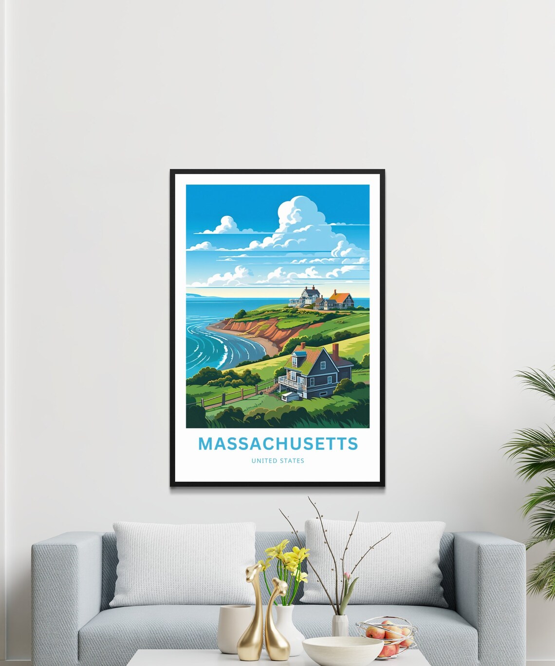 Massachusetts Coast Travel Poster New England Cottages Ocean Art - Image 3