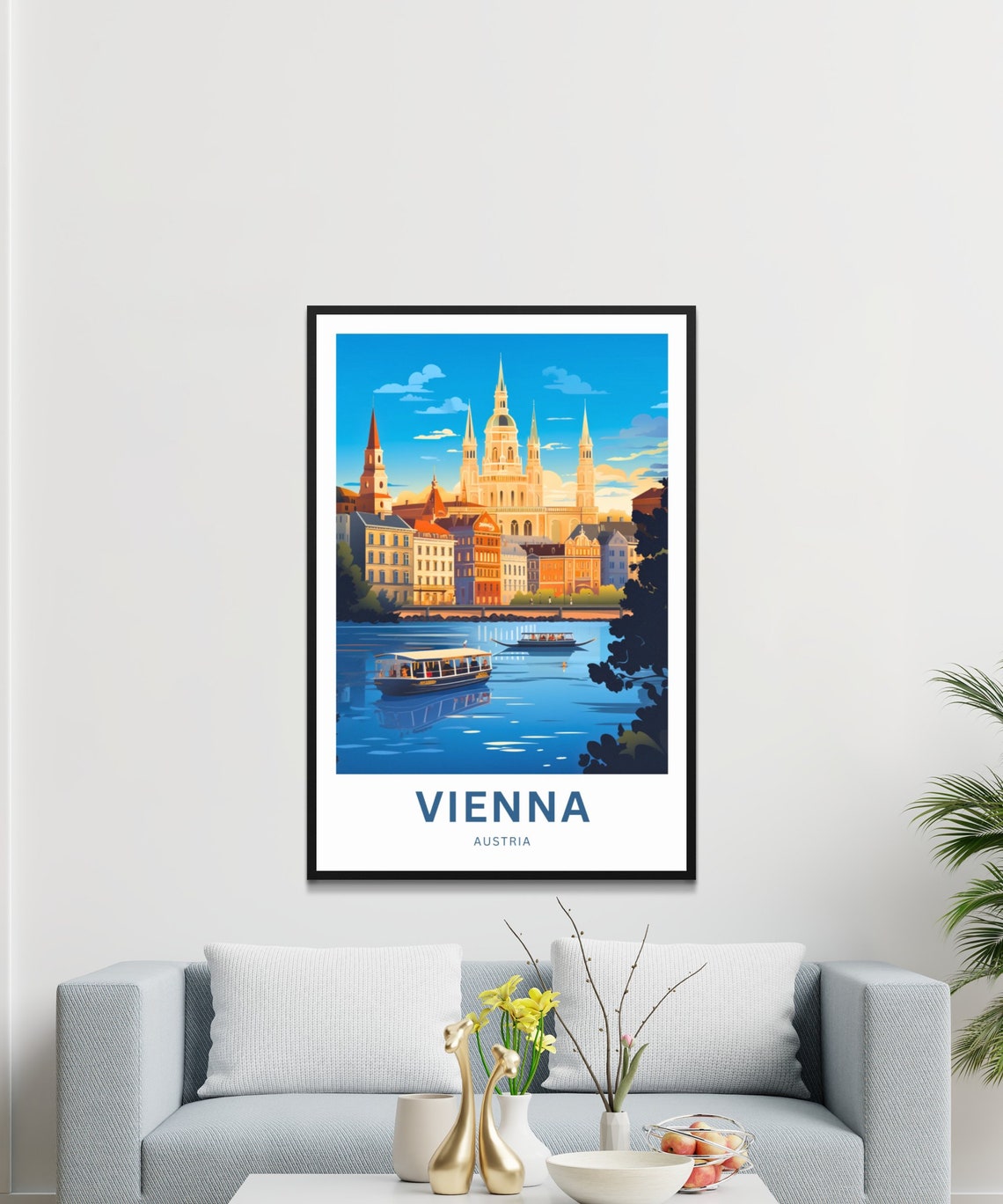 Vienna Austria Riverside Boats Cathedral Skyline Sunset Poster - Image 3