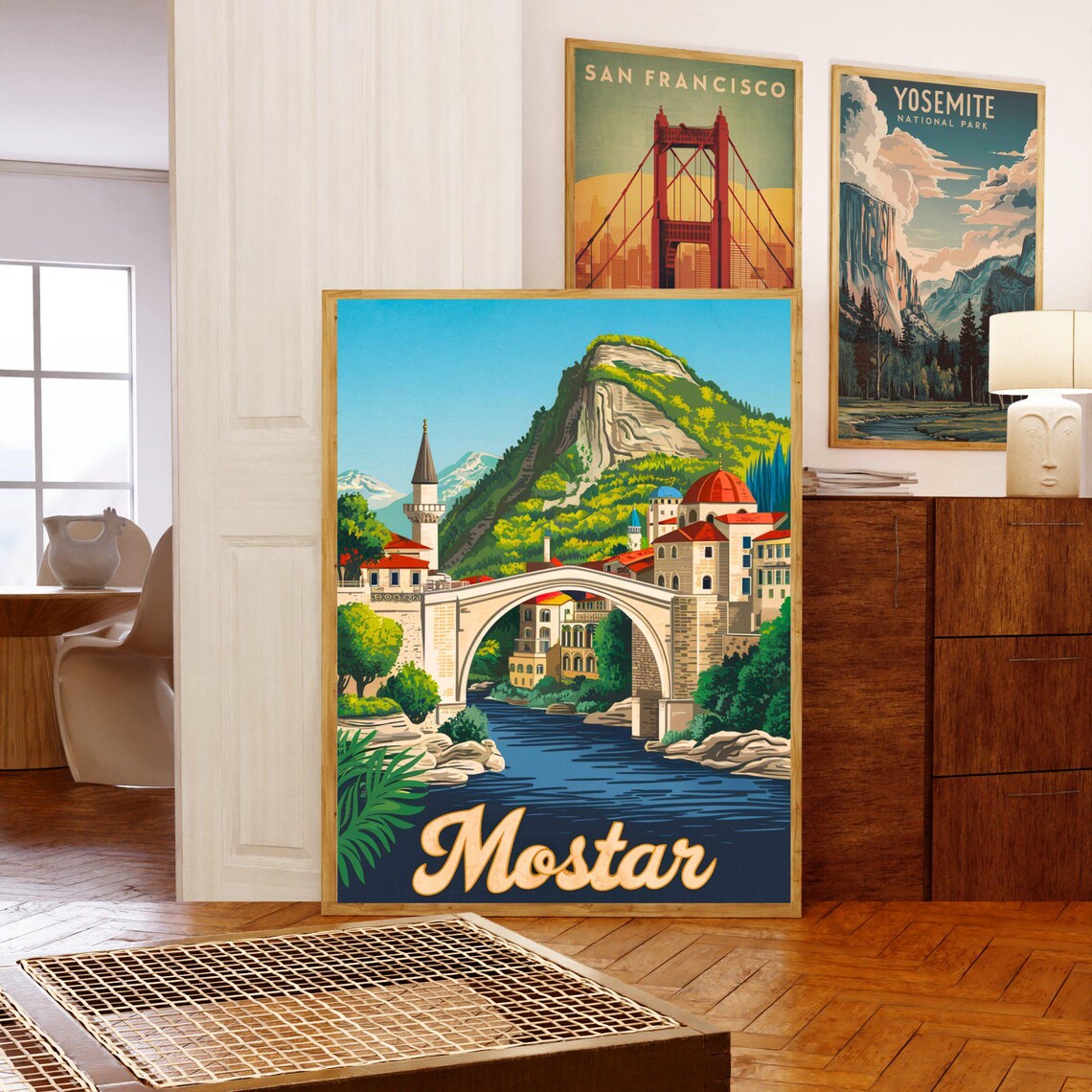 Mostar Bosnia Old Bridge River Old Town Vintage Art Travel Poster - Image 5