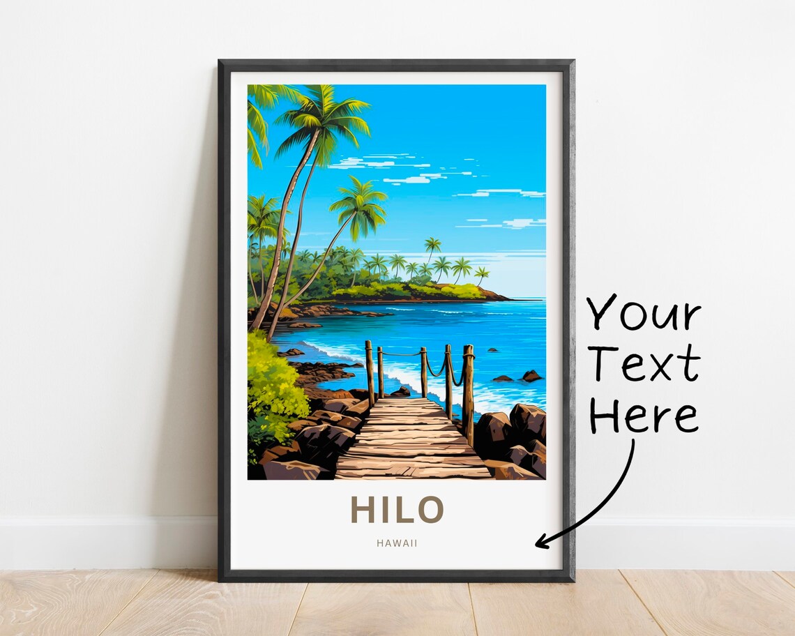 Personalized Hilo Hawaii Coastal Wooden Pier Bay Custom Travel Poster
