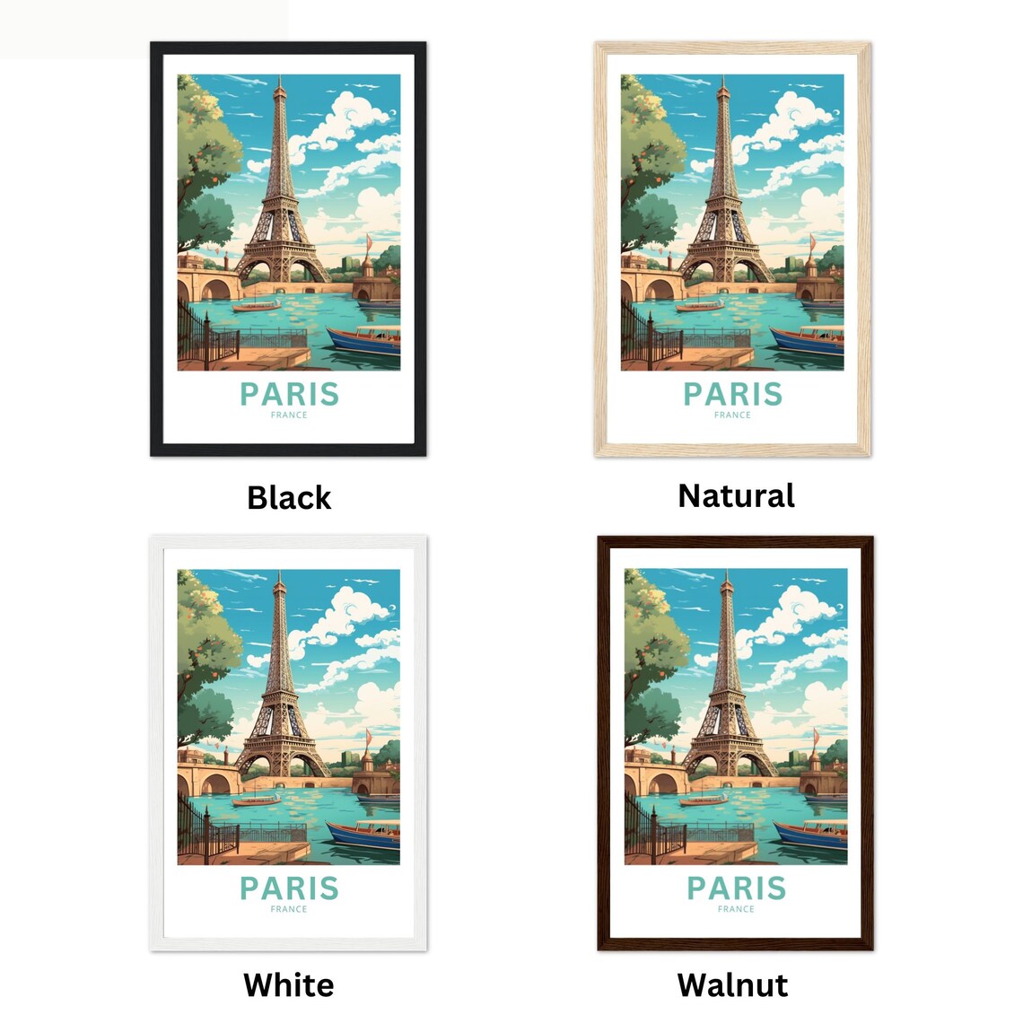 Paris France Eiffel Tower Bridge Boats Waterfront Travel Poster - Image 4