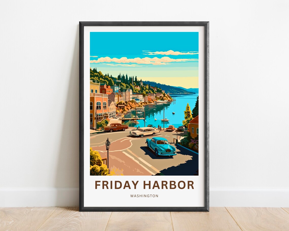 Friday Harbor Washington Waterfront Street With Vintage Cars Poster