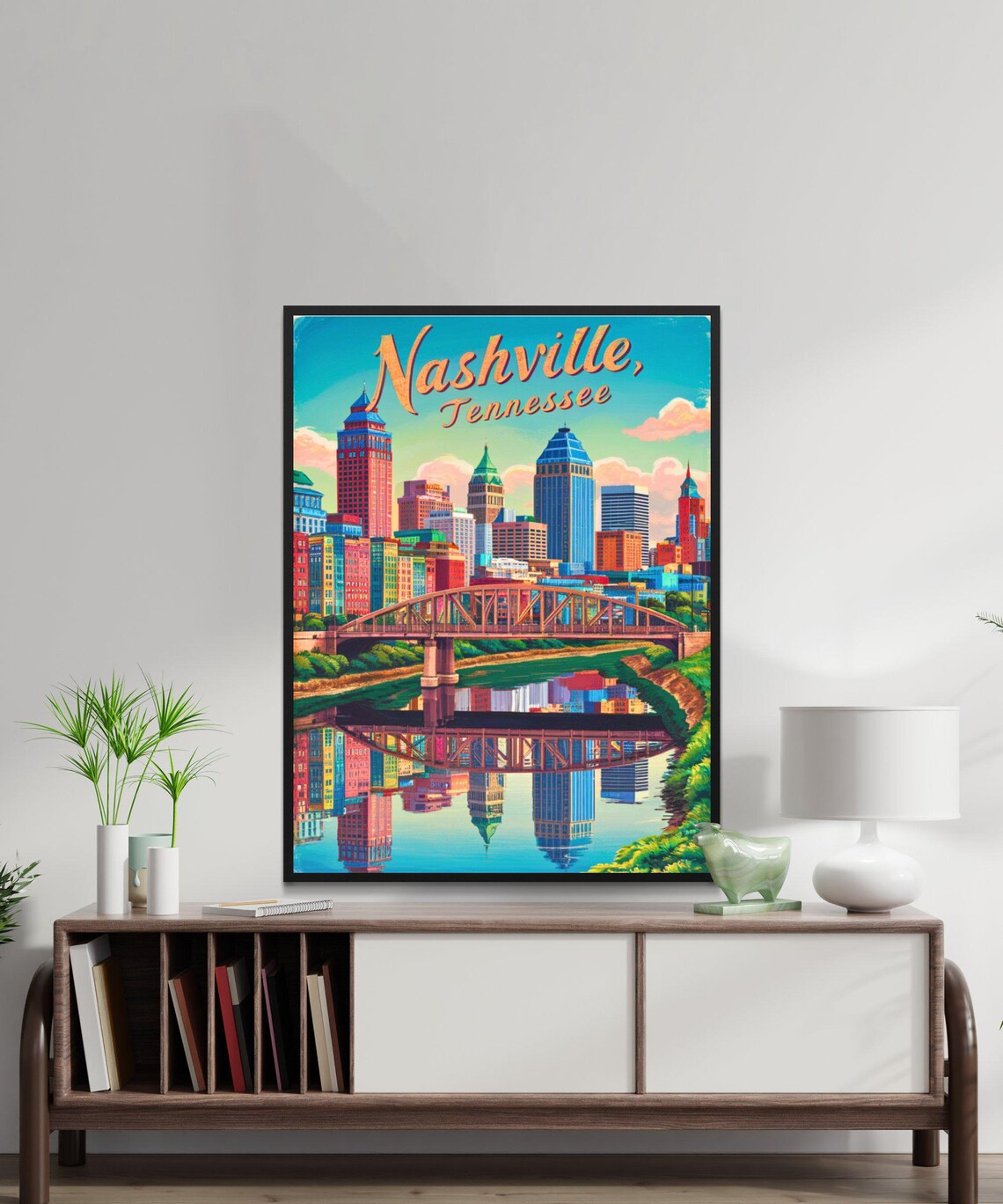 Nashville Tennessee Vintage Skyline Bridge Reflection Travel Poster - Image 3