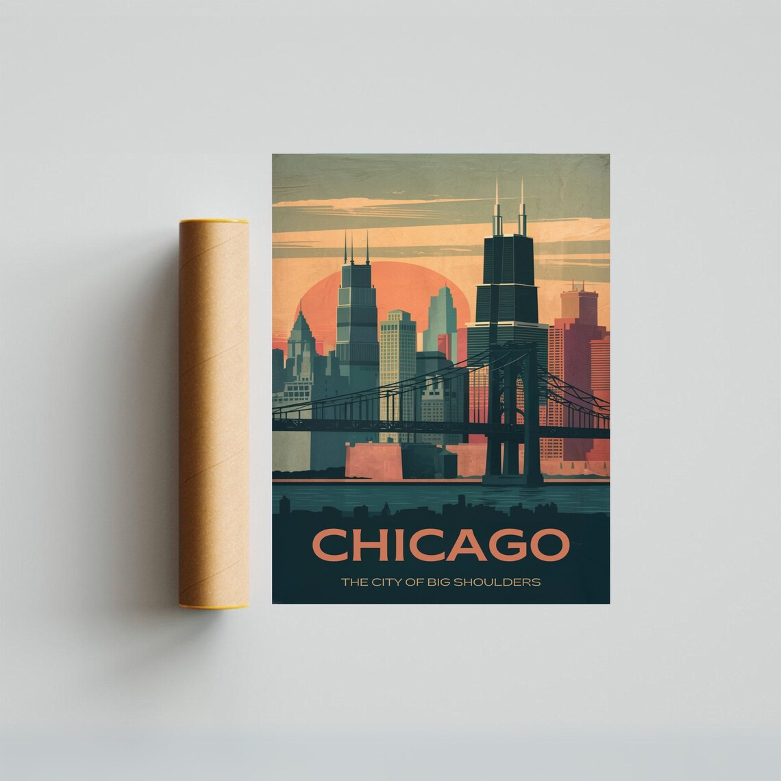 Chicago Vintage Travel Poster City of Big Shoulders Skyline Sunset - Image 3