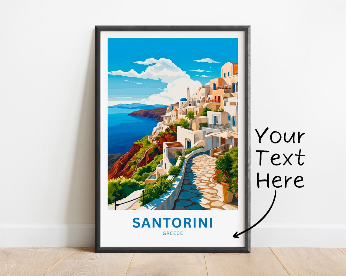 Santorini Greece Custom Cliffside Village Stone Path Sea Poster