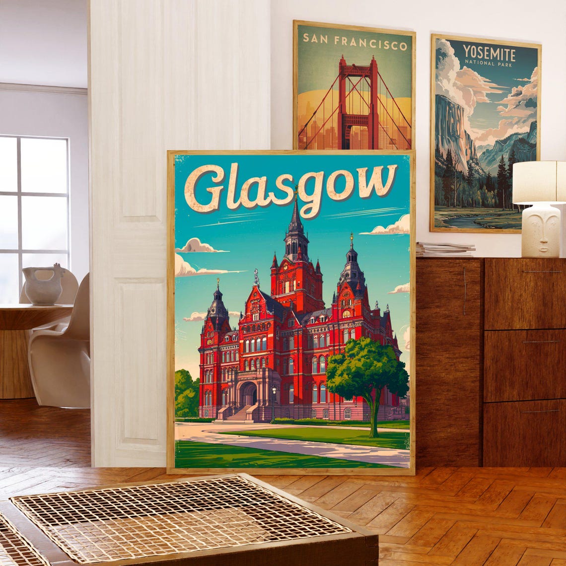 Glasgow Scotland Red Sandstone Landmark Vintage Script Travel Poster - Image 5