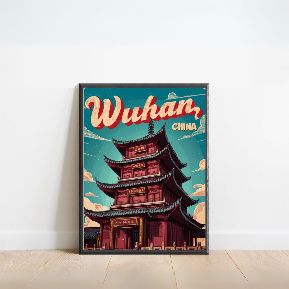 Wuhan China Retro Red Pagoda Tower Vintage Script Lettering Poster