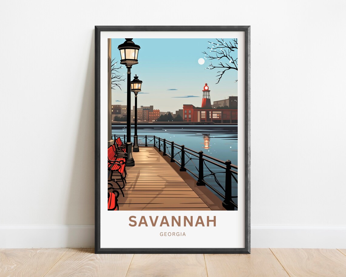 Savannah Georgia Riverwalk Evening Lights Vintage Travel Poster