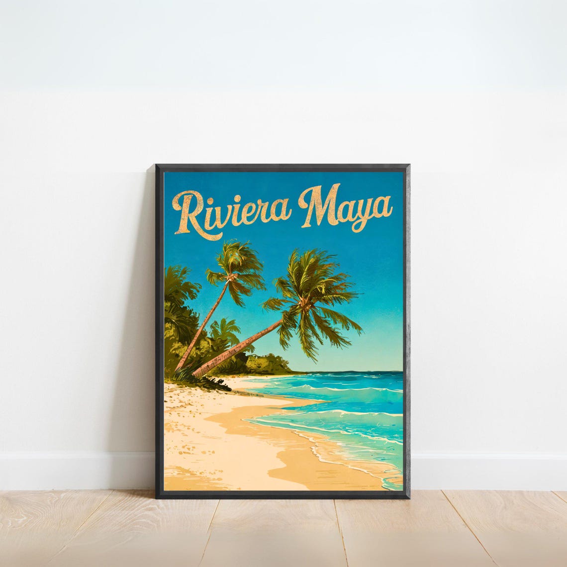 Riviera Maya Vintage Palm Trees Beach Mexico Retro Travel Poster