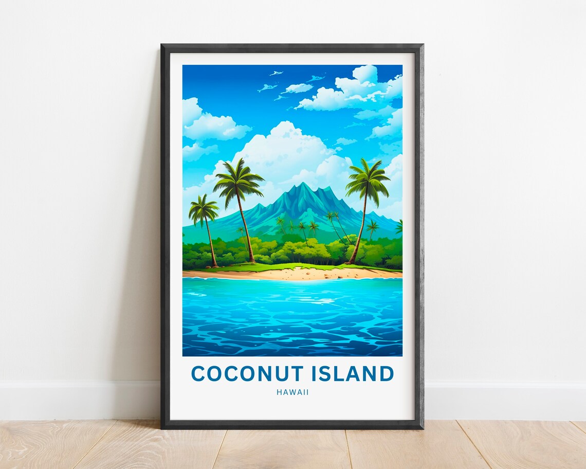 Coconut Island Hawaii Palm Beach Turquoise Waves Travel Poster