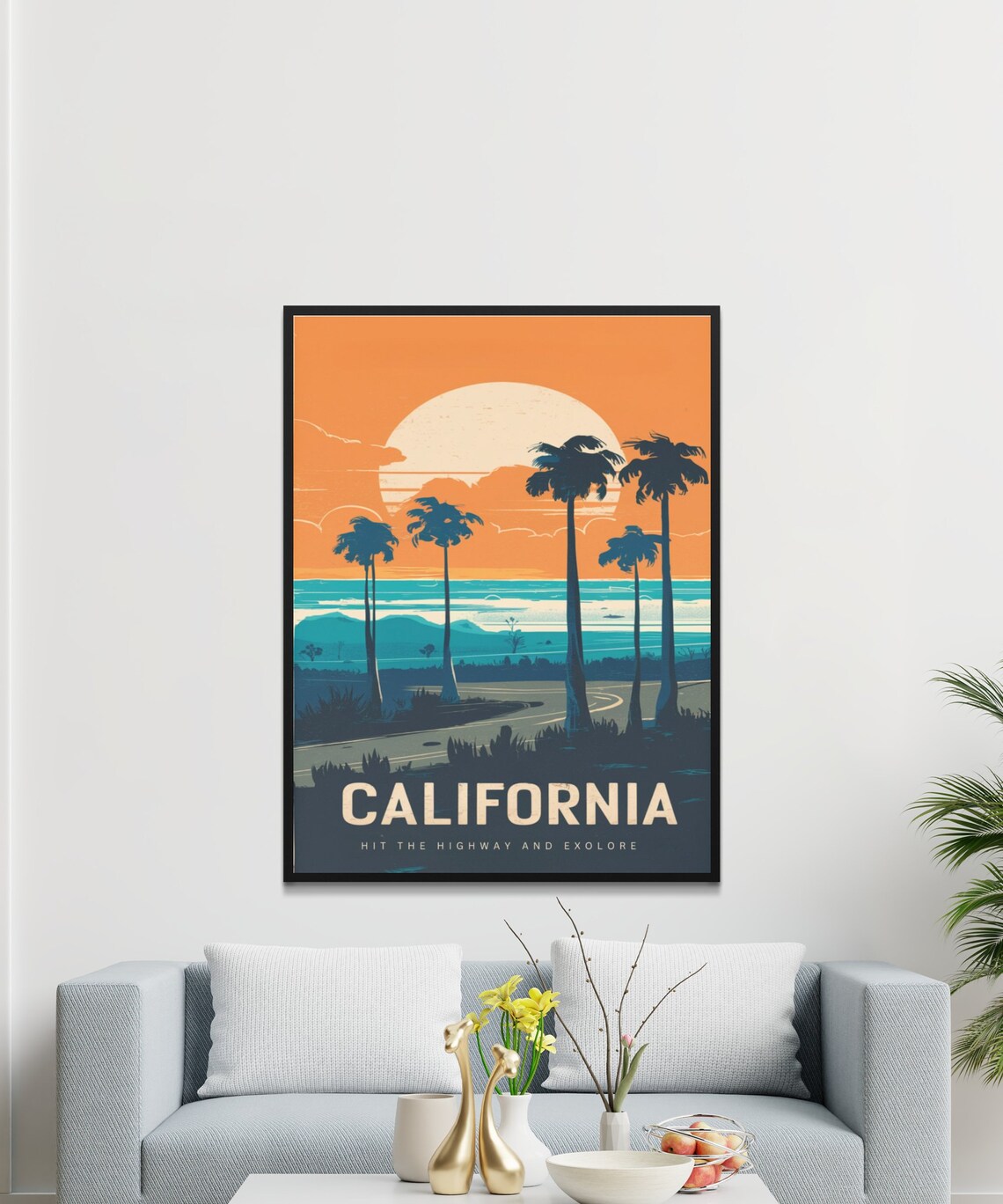 California Retro Travel Poster Highway Palms Sunset Coast Vintage Art