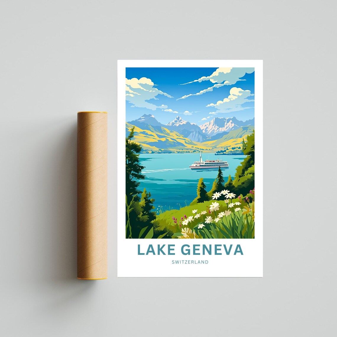 Personalized Lake Geneva Switzerland Steamer Lake Travel Poster - Image 4
