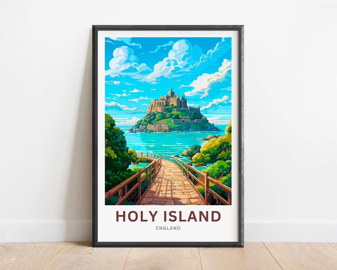 Holy Island England Castle Island Causeway Bridge Travel Poster