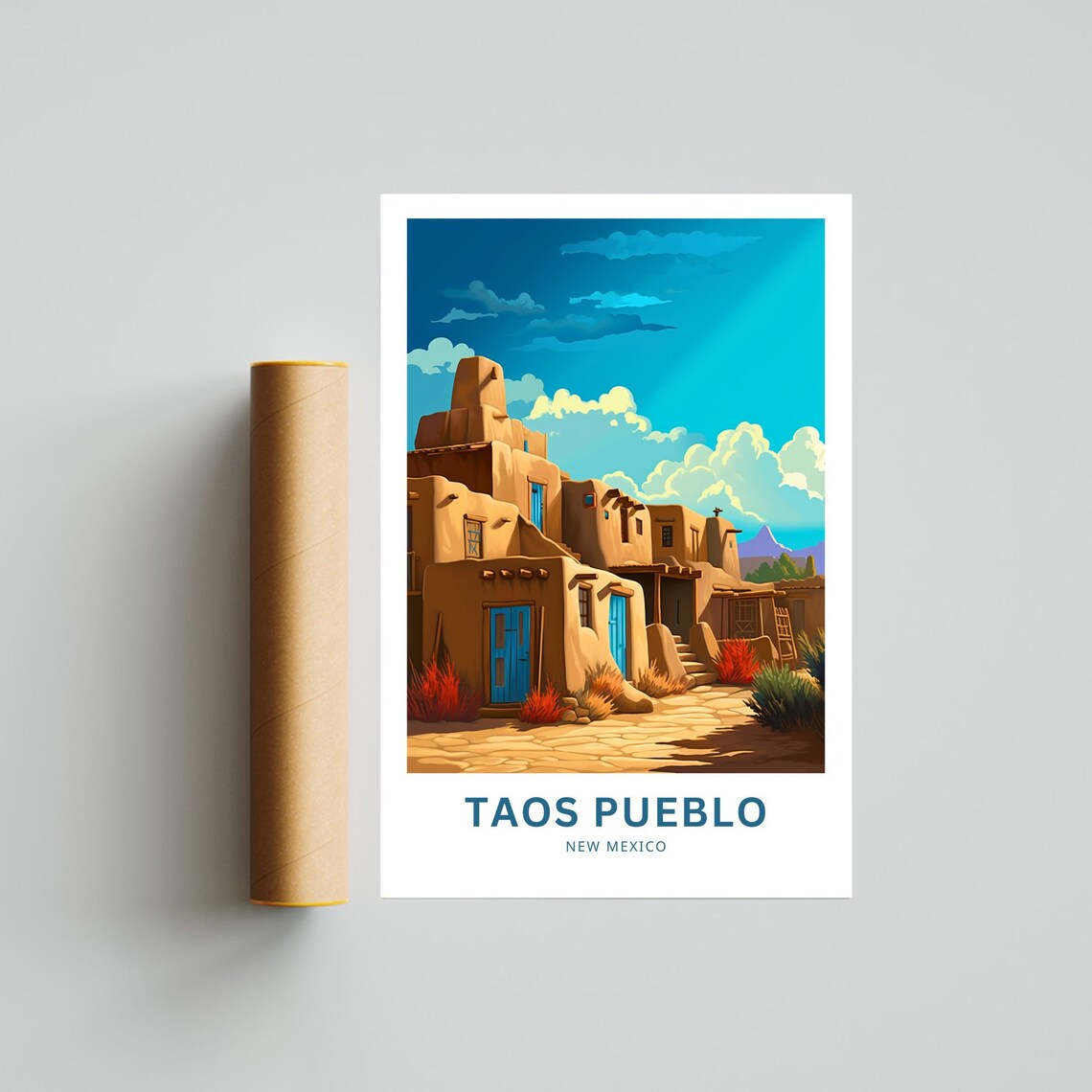 Taos Pueblo New Mexico Adobe Village Blue Doors Desert Art Poster - Image 4