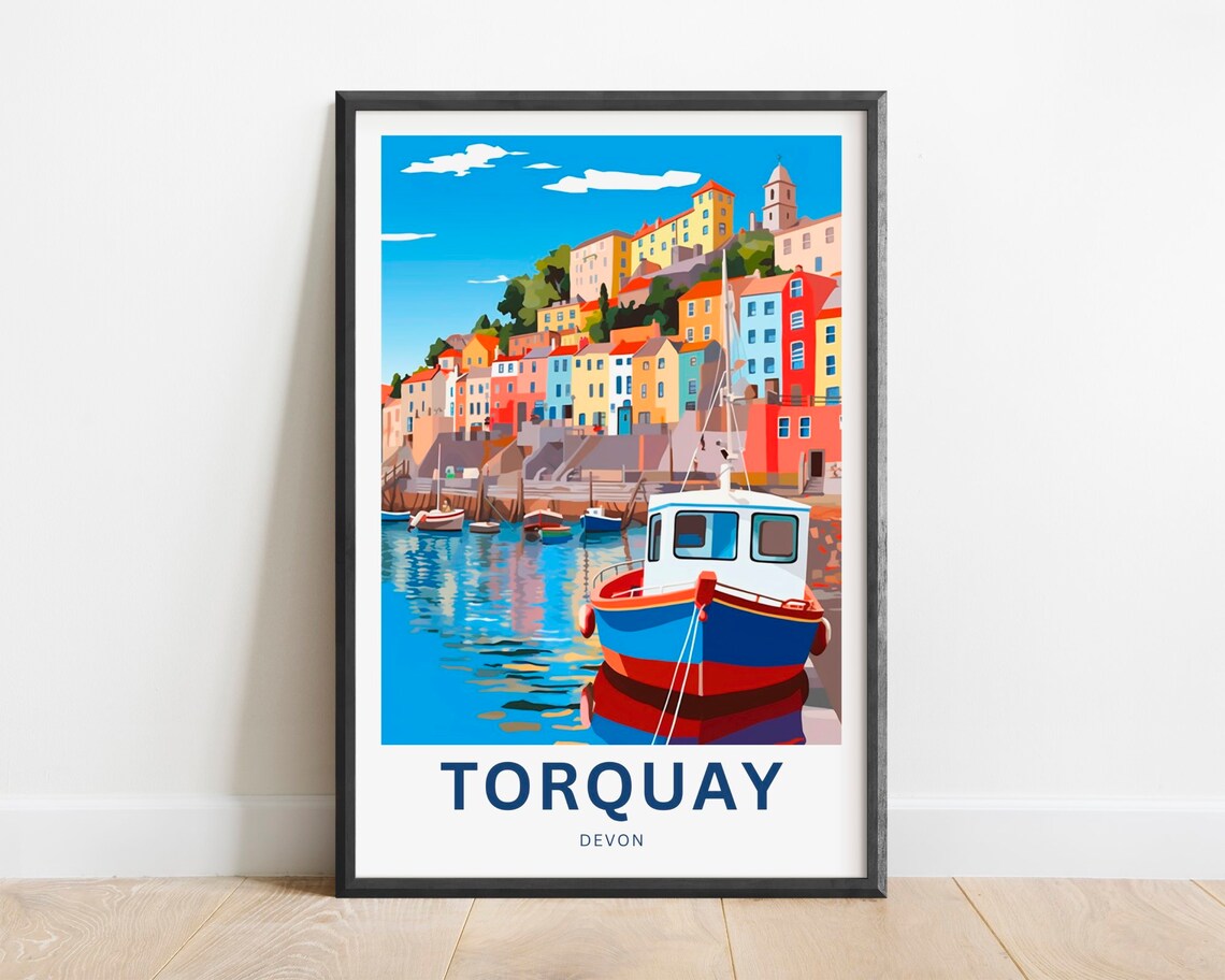 Torquay Devon England Colorful Harbor Fishing Boat Travel Poster